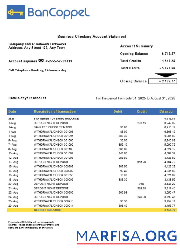 Downloadable BanCoppel business organization checking statement Word and PDF format (1) example